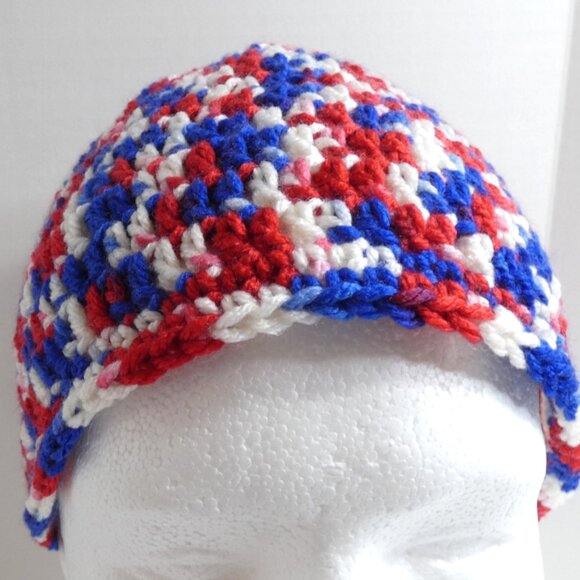 Red White Blue Skull Cap OS Handmade Crochet Hand Knit 4th of July Patriotic NWT - Picture 3 of 7
